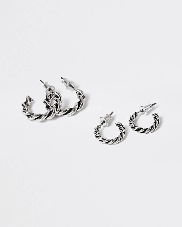 Silver colour twist hoop earrings 2 pack