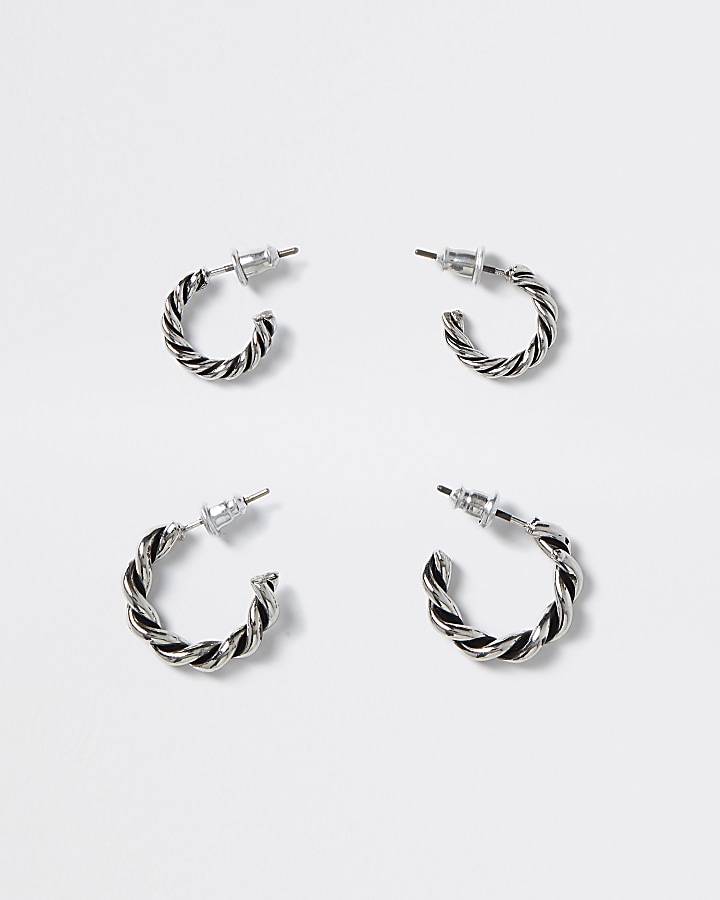 Silver colour twist hoop earrings 2 pack