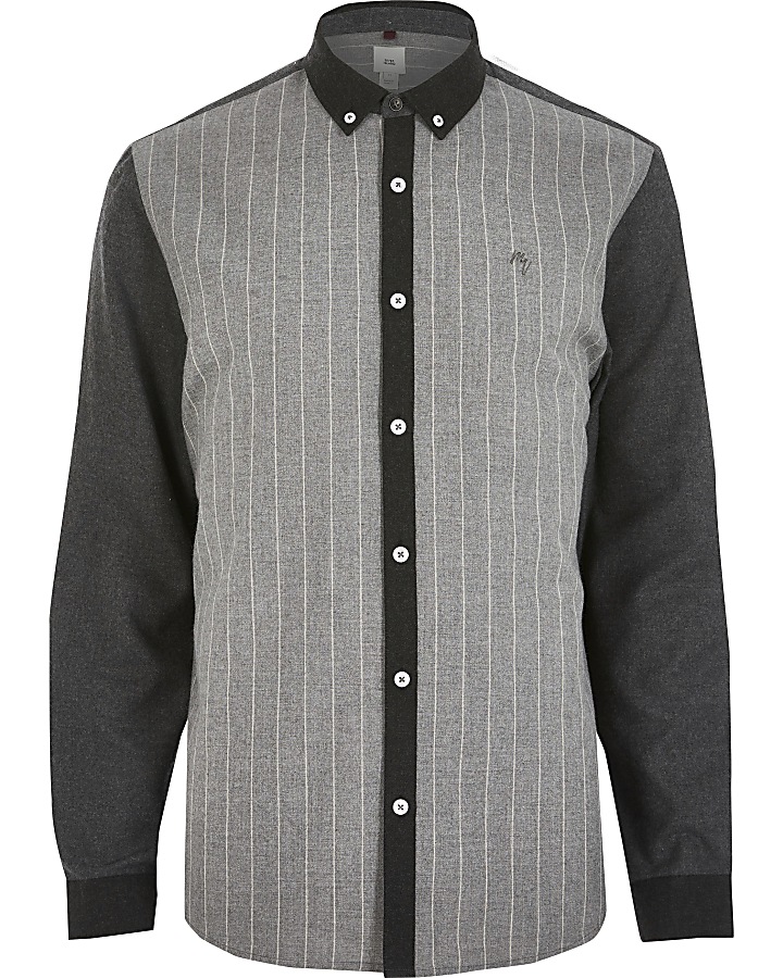 Grey pinstripe colour block regular fit shirt