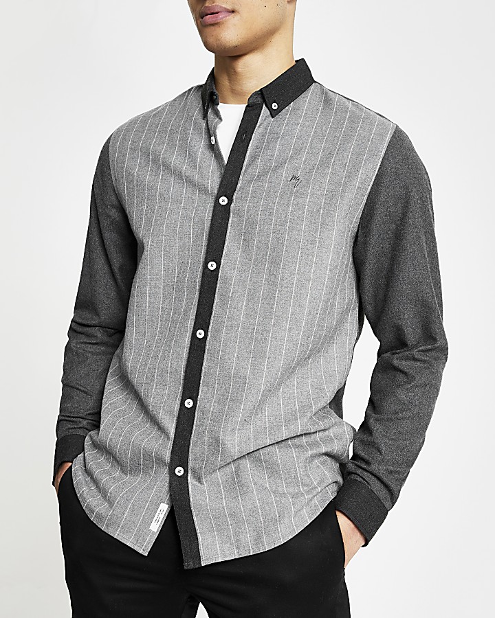 Grey pinstripe colour block regular fit shirt