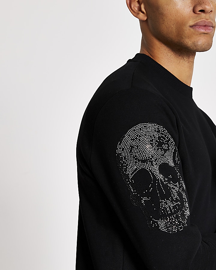 Black skull long sleeve slim fit sweatshirt
