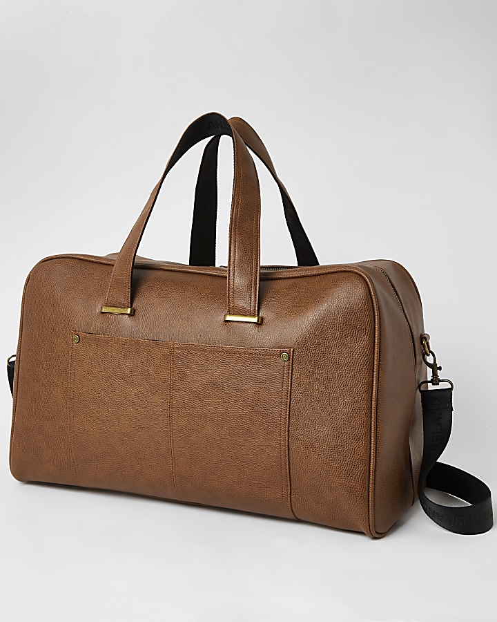 Brown textured pocket front weekend holdall