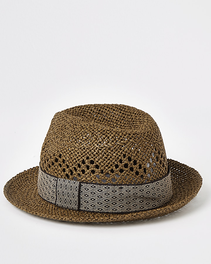 Brown geo tape straw trilby hat
