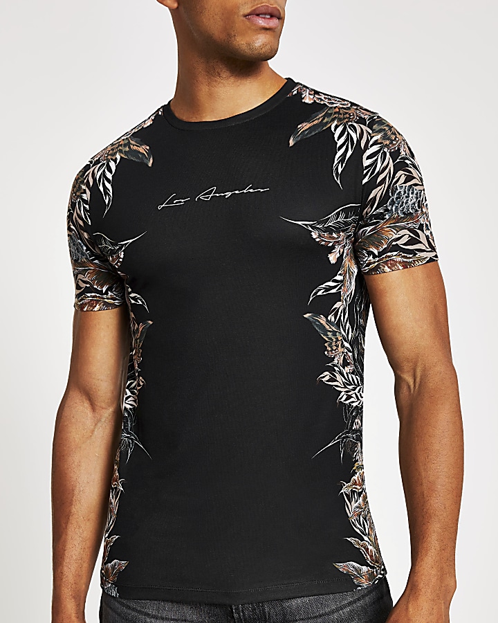 Black feather print side slim fit T-shirt