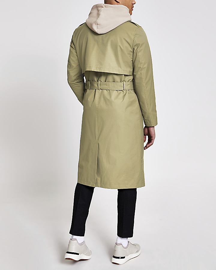 Khaki water resistant longline trench coat