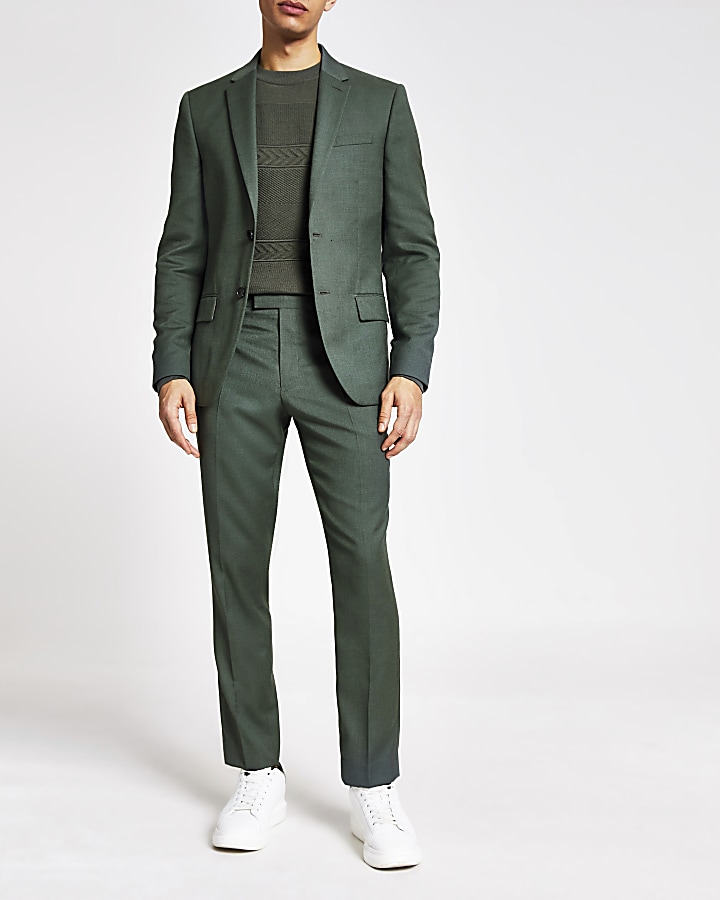 Green textured skinny fit suit jacket