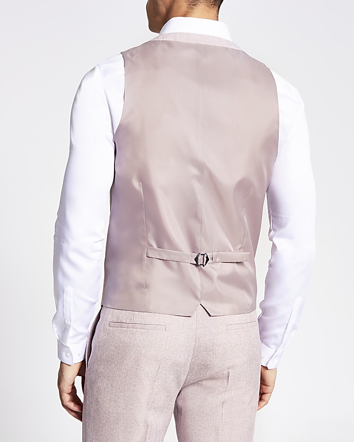 Pink textured slim fit suit waistcoat