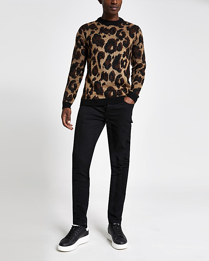 Brown leopard print slim fit knitted jumper