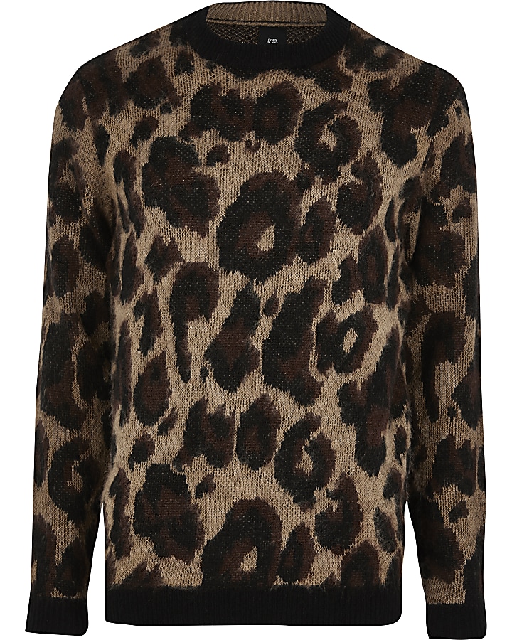 Brown leopard print slim fit knitted jumper