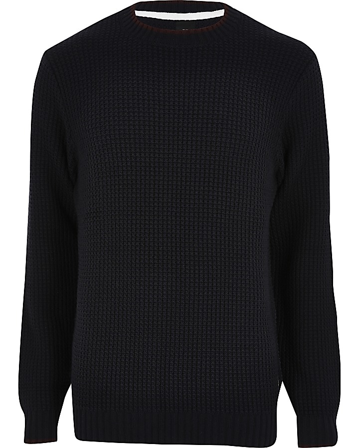 Navy slim fit tipped knitted jumper