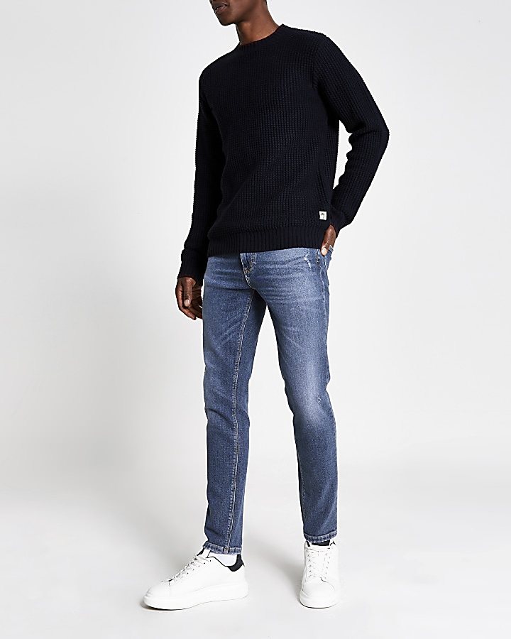 Navy slim fit tipped knitted jumper