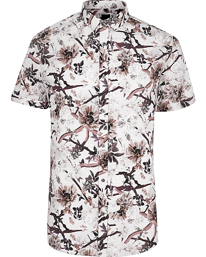 Ecru floral short sleeve slim fit shirt