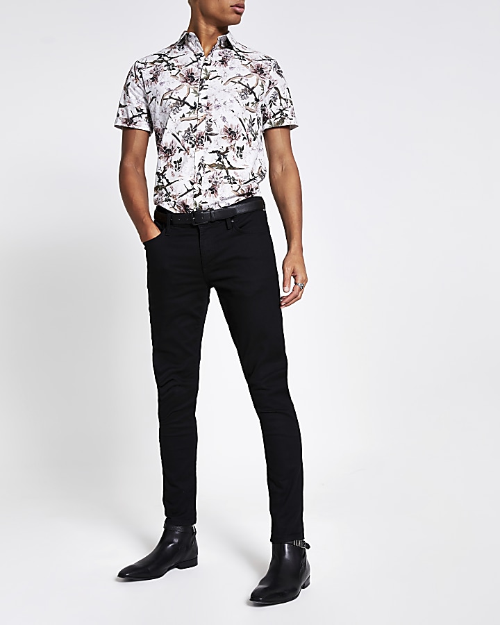 Ecru floral short sleeve slim fit shirt