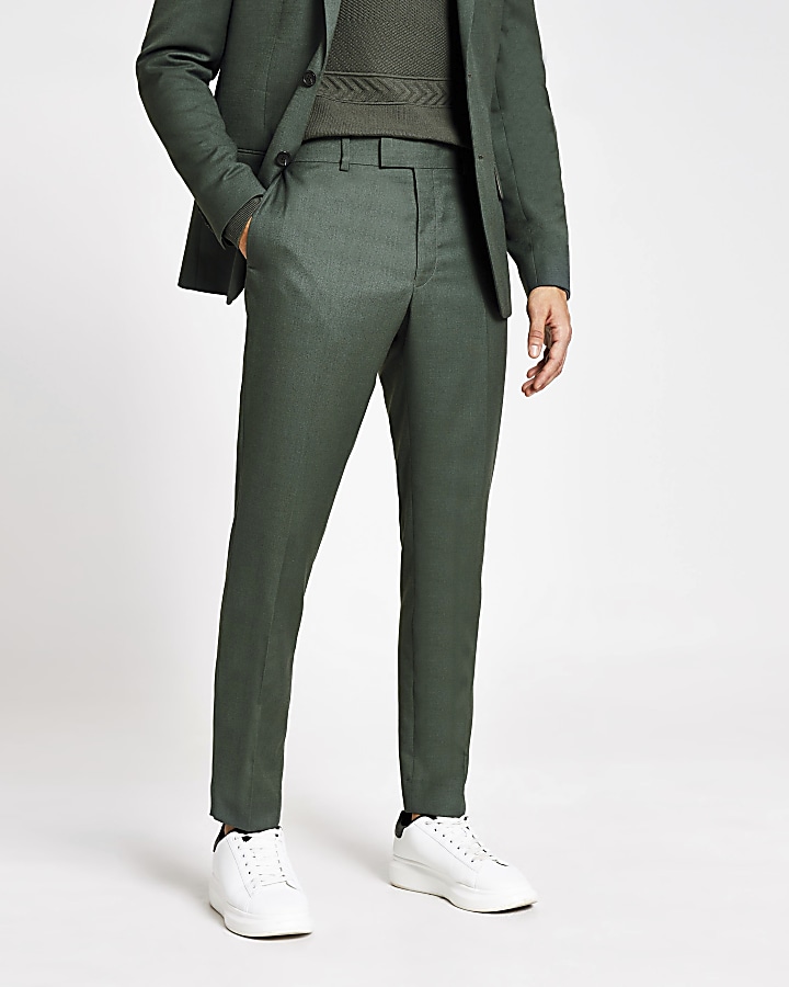 Green textured skinny suit trousers