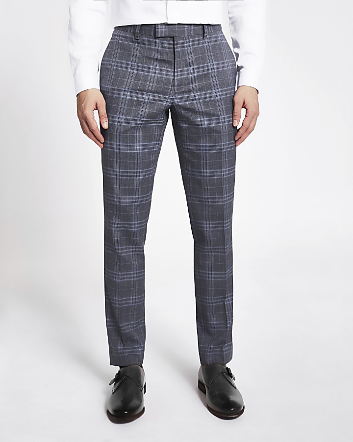 Blue check skinny suit trousers