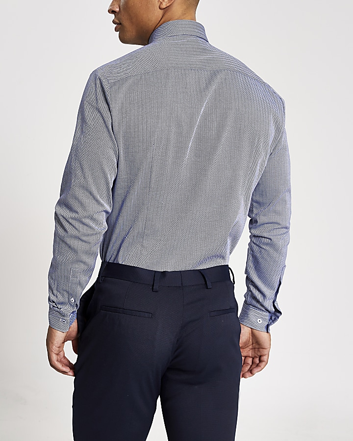Navy herringbone long sleeve slim fit shirt