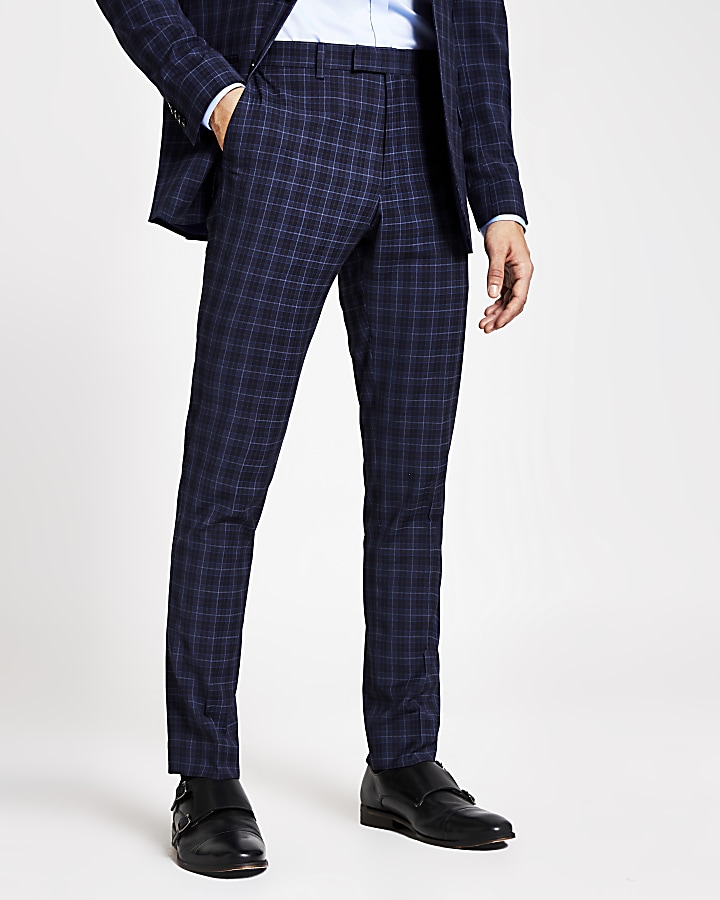 Blue check skinny suit trousers
