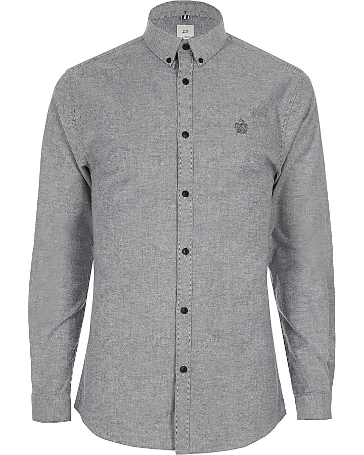 Grey muscle fit long sleeve Oxford shirt