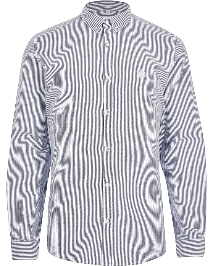 Navy slim fit stripe long sleeve Oxford shirt