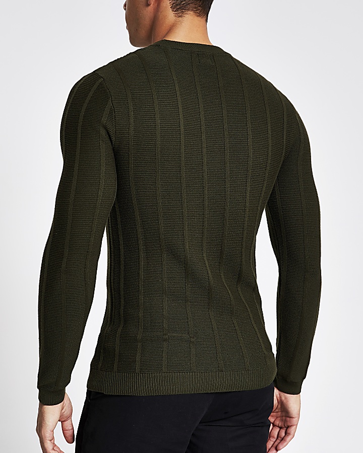 Khaki muscle fit rib knitted jumper
