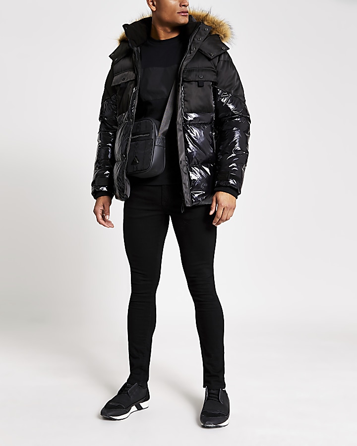 Black high shine hooded puffer jacket