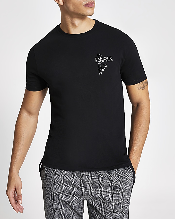 Black printed slim fit short sleeve T-shirt