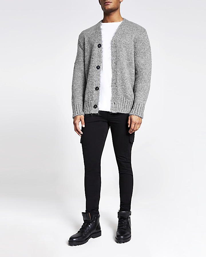 Grey long sleeve slim fit knitted cardigan