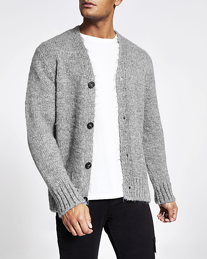 Grey long sleeve slim fit knitted cardigan
