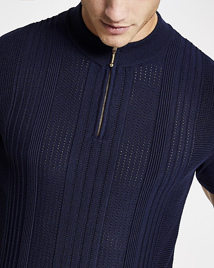 Navy slim fit half zip knitted polo shirt