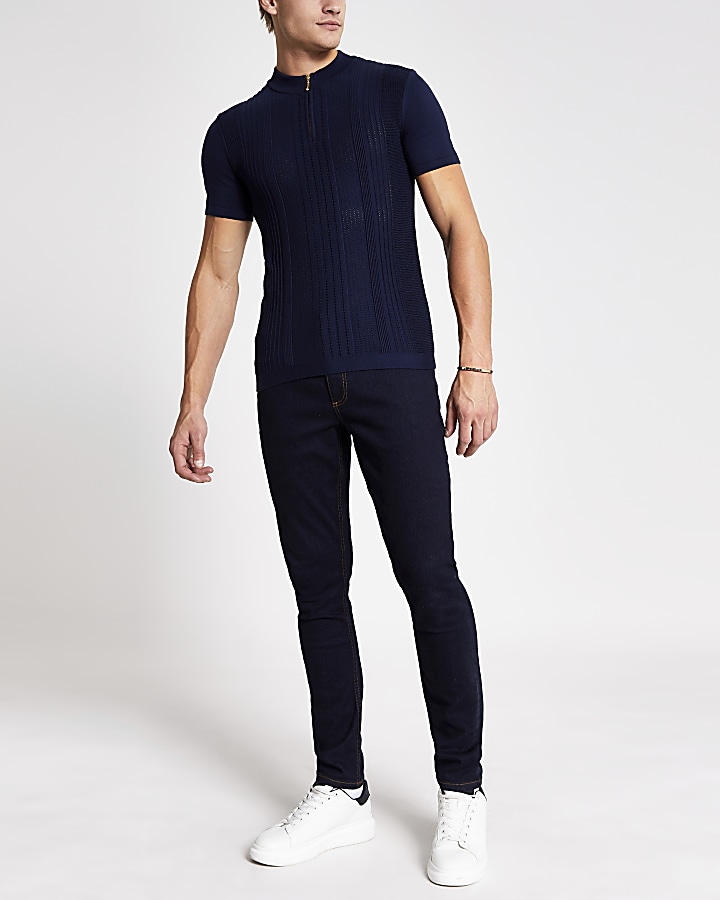 Navy slim fit half zip knitted polo shirt
