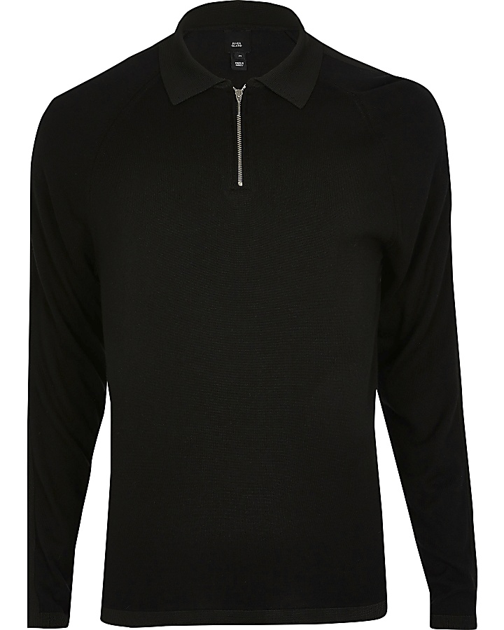 Black slim fit half zip knitted polo shirt