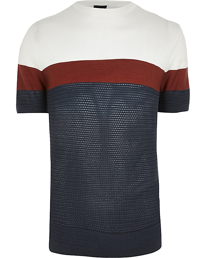 Blue colour blocked slim fit knitted T-shirt