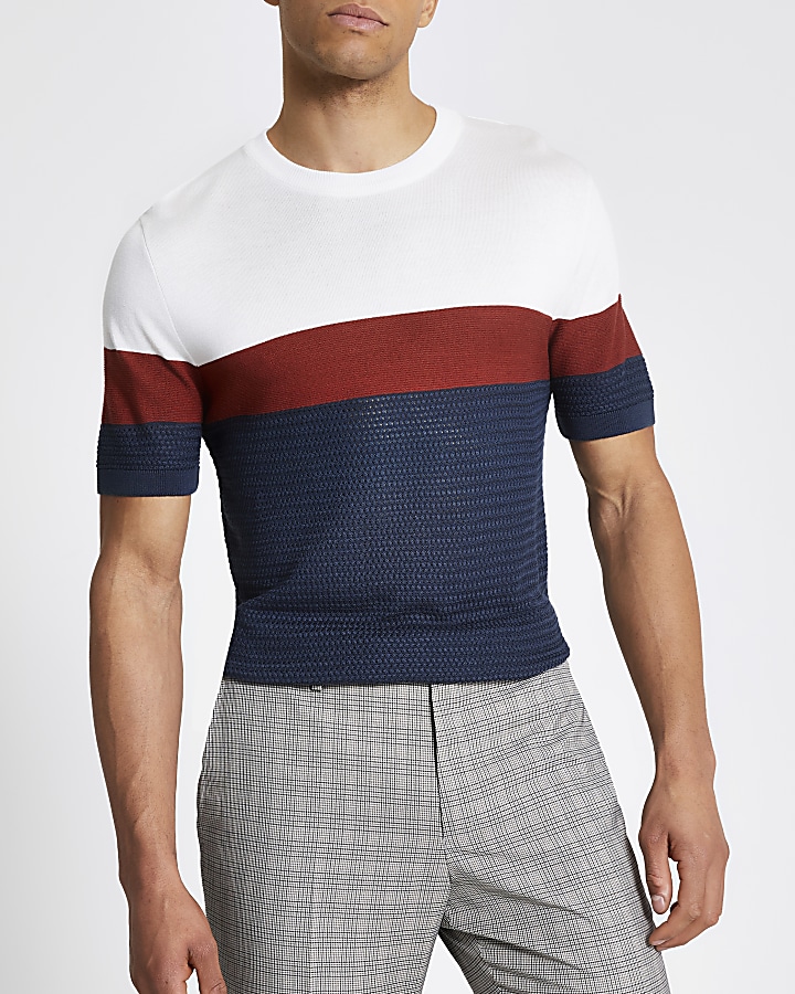 Blue colour blocked slim fit knitted T-shirt