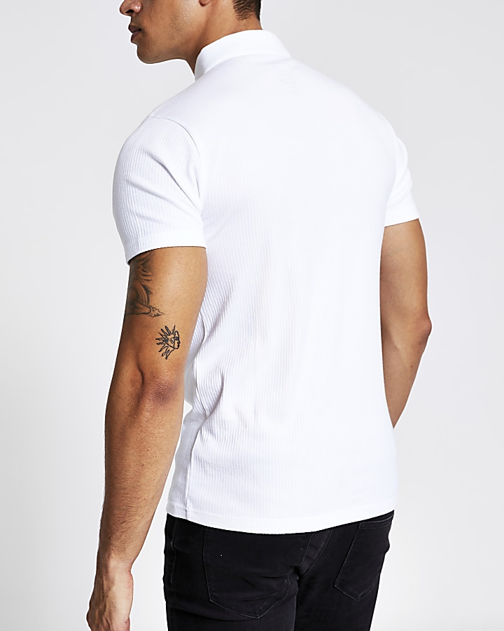 White short sleeve muscle fit rib polo shirt