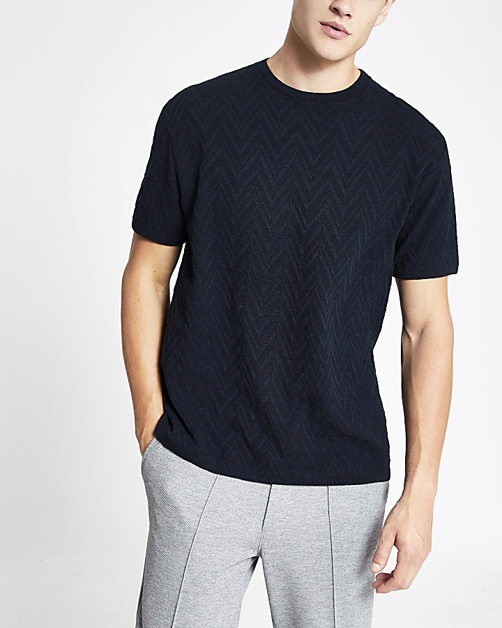 Navy textured fit knitted T-shirt