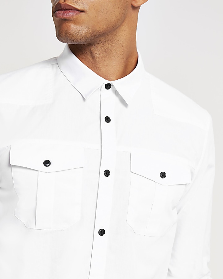 White long sleeve slim fit utility shirt