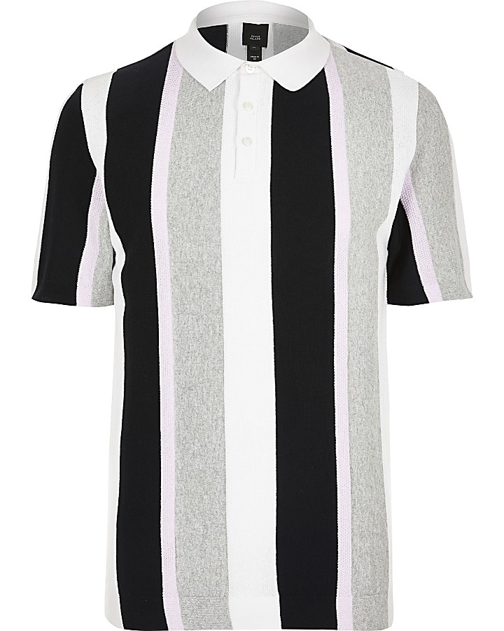 White slim fit stripe knit polo shirt
