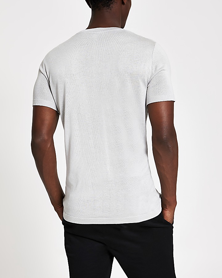 Grey knitted colour block slim fit t-shirt