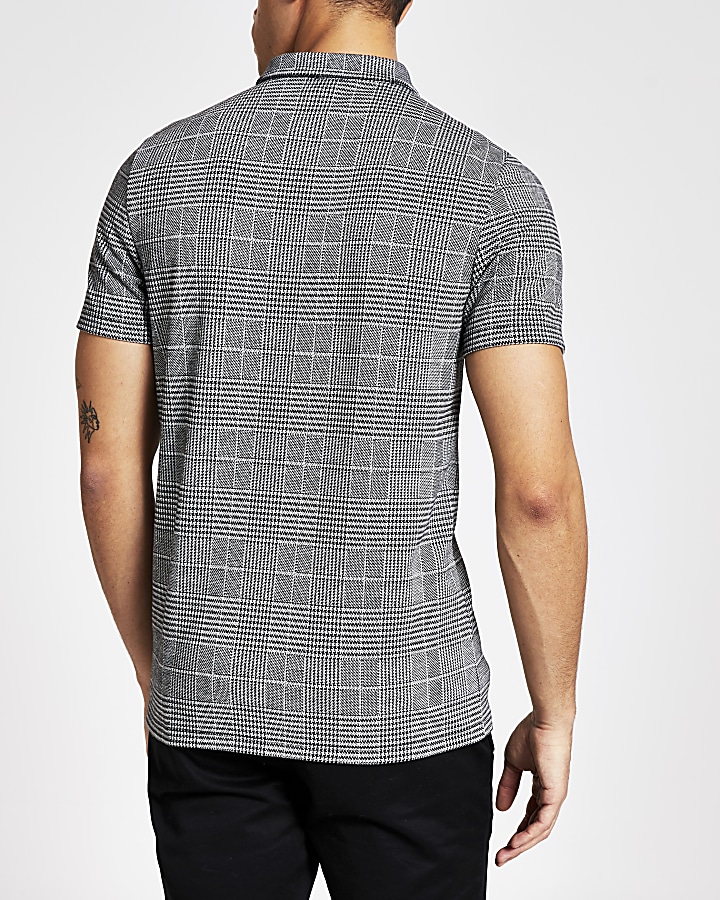 Grey check print zip neck polo shirt
