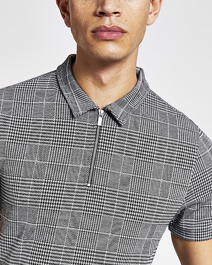 Grey check print zip neck polo shirt