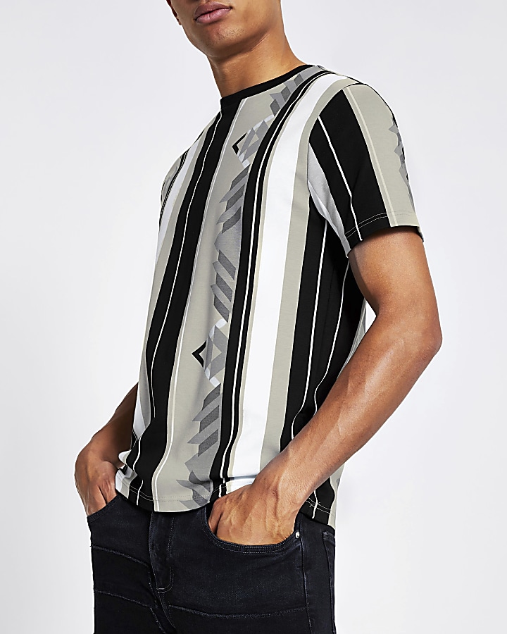 Grey aztec stripe printed slim fit T-shirt