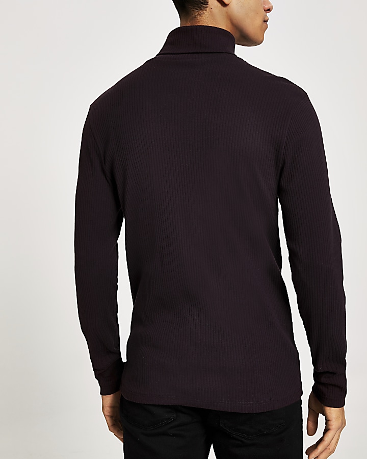 Dark red ribbed roll neck long sleeve T-shirt