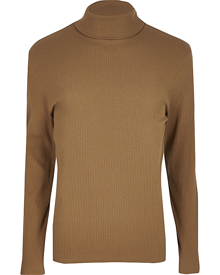 Brown ribbed roll neck long sleeve T-shirt
