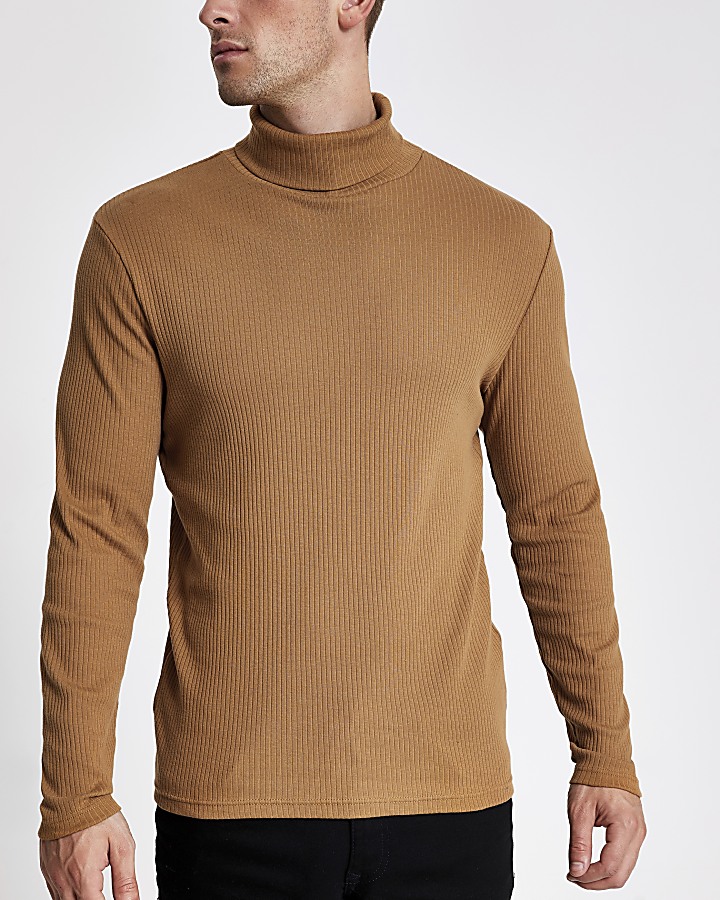 Brown ribbed roll neck long sleeve T-shirt