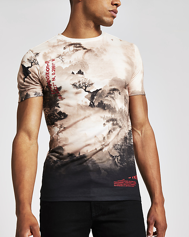 Stone landscape printed slim fit T-shirt