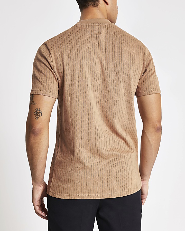 Brown tram stripe stitch slim fit T-shirt