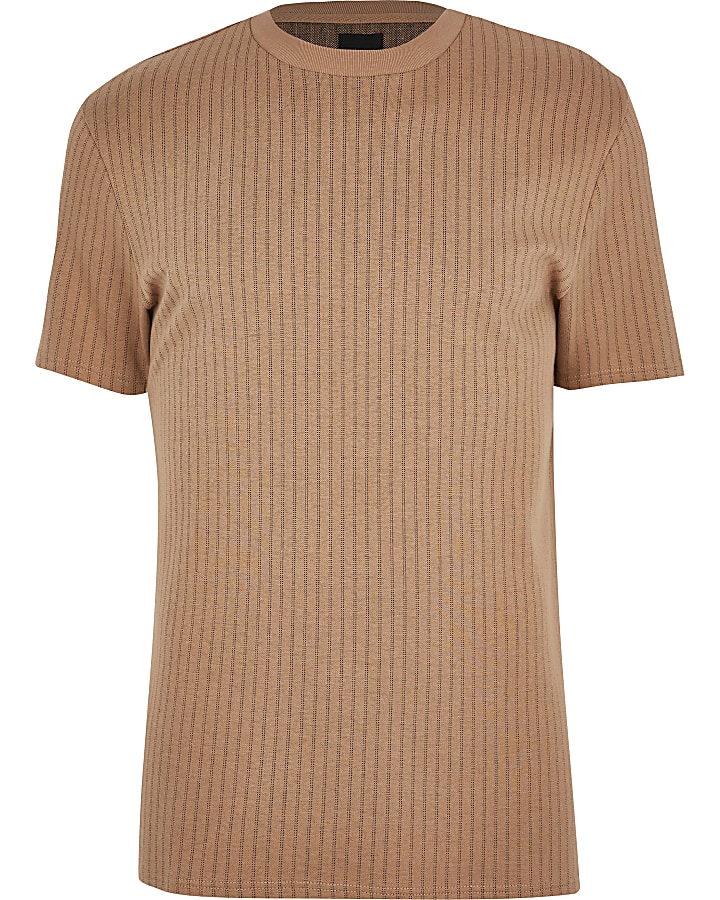 Brown tram stripe stitch slim fit T-shirt