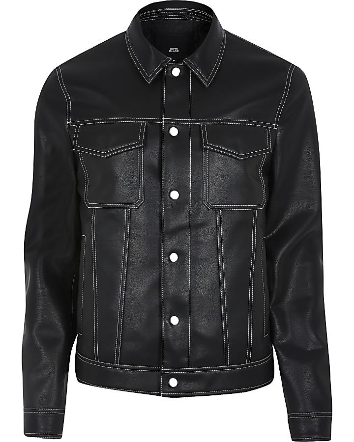 Black faux leather stitch trucker jacket