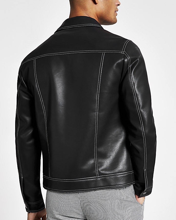 Black faux leather stitch trucker jacket