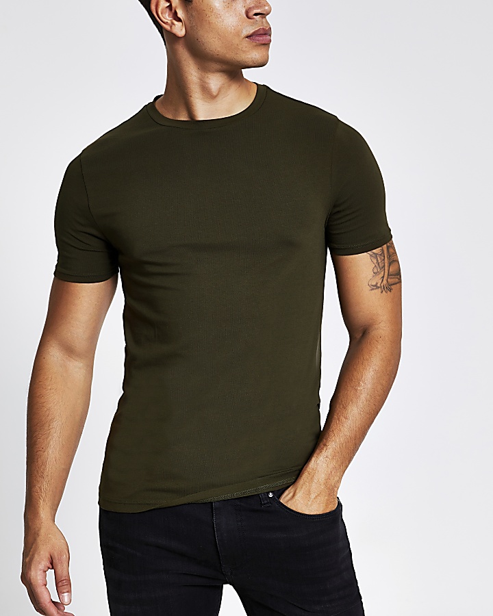 Khaki muscle fit short sleeve T-shirt